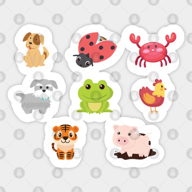 Very Cute Baby Animals Print. Mixed Cartoon Baby Animals Sticker by silviaol